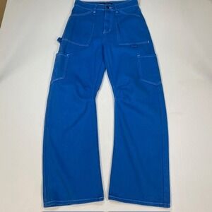 Lioness Miami Vice Pants Blue High Rise Wide Leg Cargo Contrast Stitch XS NEW